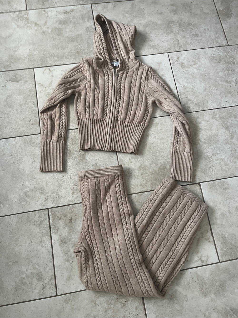 Cozy Kids Cable Knit Hoodie & Jogger Set - Beige